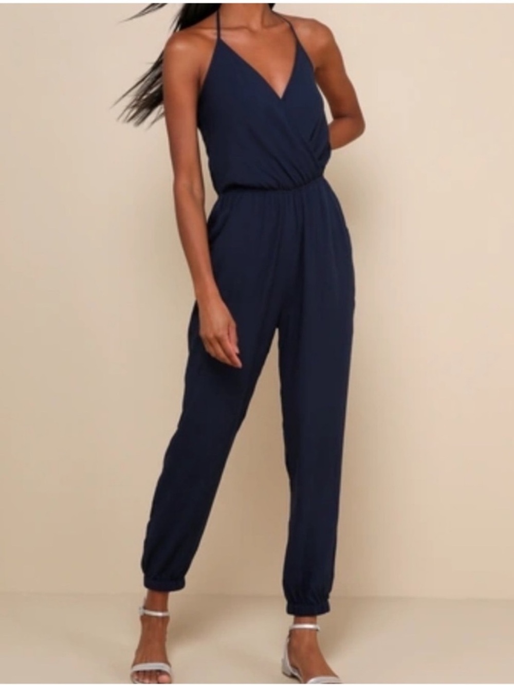 Lulus Learning To Fly Navy Halter Jumpsuit L Surplice Wrap Jogger Lightweight